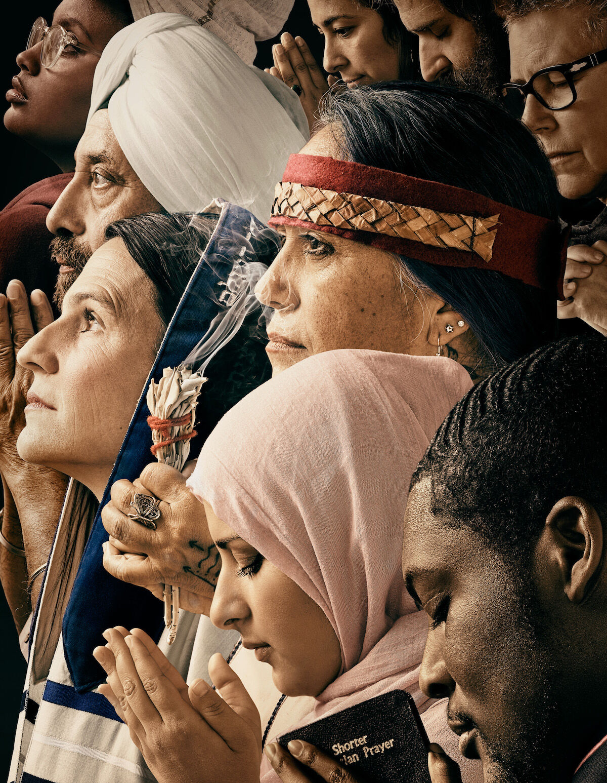 Interpretation of Norman Rockwell’s Freedom of Worship by For Freedoms, featuring Rev. Edward Anderson, Maryam Nouh, Lydia Ponce, Rabbi Sharon Brous, Gurdev Kohli, Miehrit Kassa, Greta Ronningen, Amir Yakira, Claudia Pena.