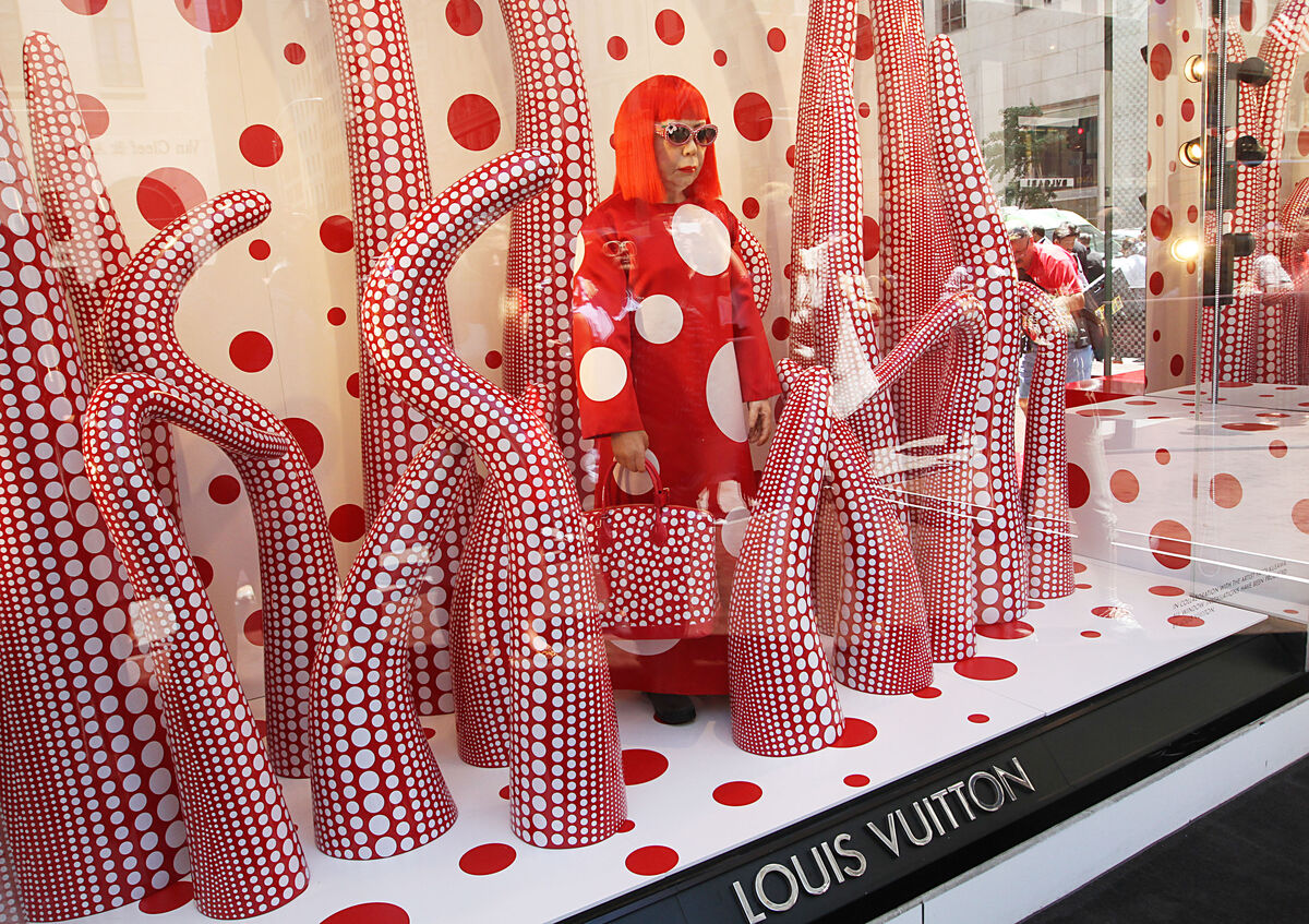 Wax figure of Japanese artist, Yayoi Kusama at the Louis Vuitton and Yayoi Kusama Collaboration Unveiling at Louis Vuitton Maison on Fifth Avenue, New York, 2012. Photo by Rob Kim/FilmMagic.