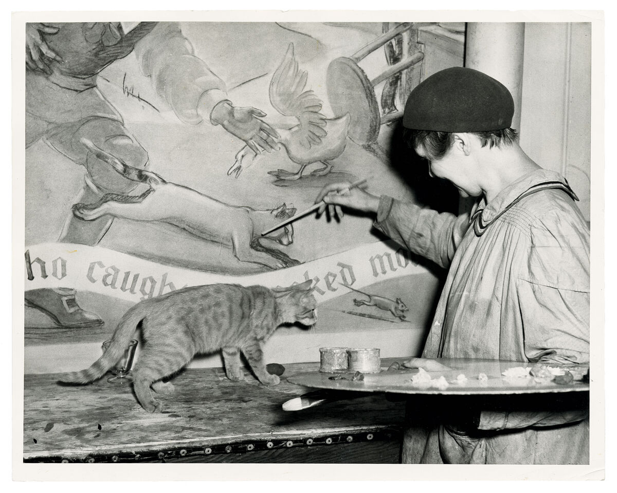 Emily Barto at work on her mural ANIMAL TALES. Image from Artful Cats by Mary Savig, published by the Smithsonian’s Archives of American Art, 2019.