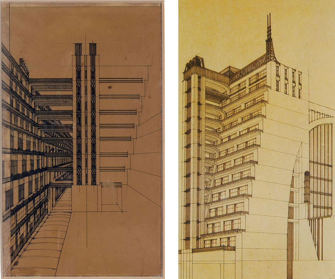 Left: Antonio Sant’Elia, Via secondaria per pedoni con ascensori nel mezzo, 1914; Right: Antonio Sant’Elia, Bozzetto d’architettura, 1914. Images via Wikimedia Commons.