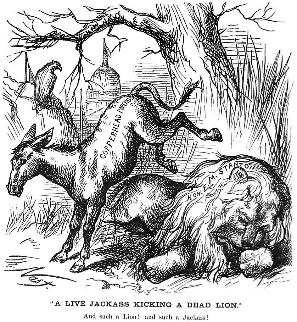 Nast caricatura del burro demócrata de “Harper's Weekly, 1870, vía Wikimedia Commons.