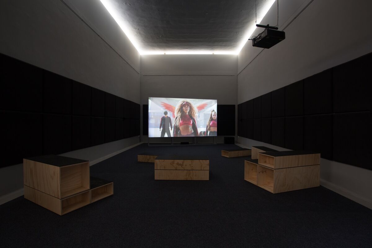 Installation view of Bárbara Wagner and Benjamin de Burca, “Swinguerra,” for the Brazil Pavilion at the 58th Venice Biennale, 2019. Photo by Riccardo Tosetto. Courtesy of Fundação Bienal de São Paulo.