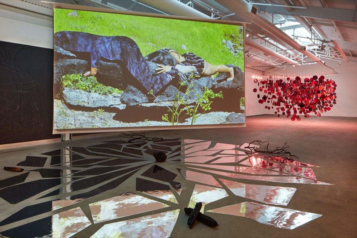 Installation view of Ranu Mukherjee, Succession , 2018, and Lava Thomas Resistance Reverb: Movement 1 , 2018, in“Be Not Still: Living in Uncertain Times (Part 2),” 2018, at the di Rosa Center for Contemporary Art. Photo by Johanna Arnold. Courtesy of the di Rosa Foundation.