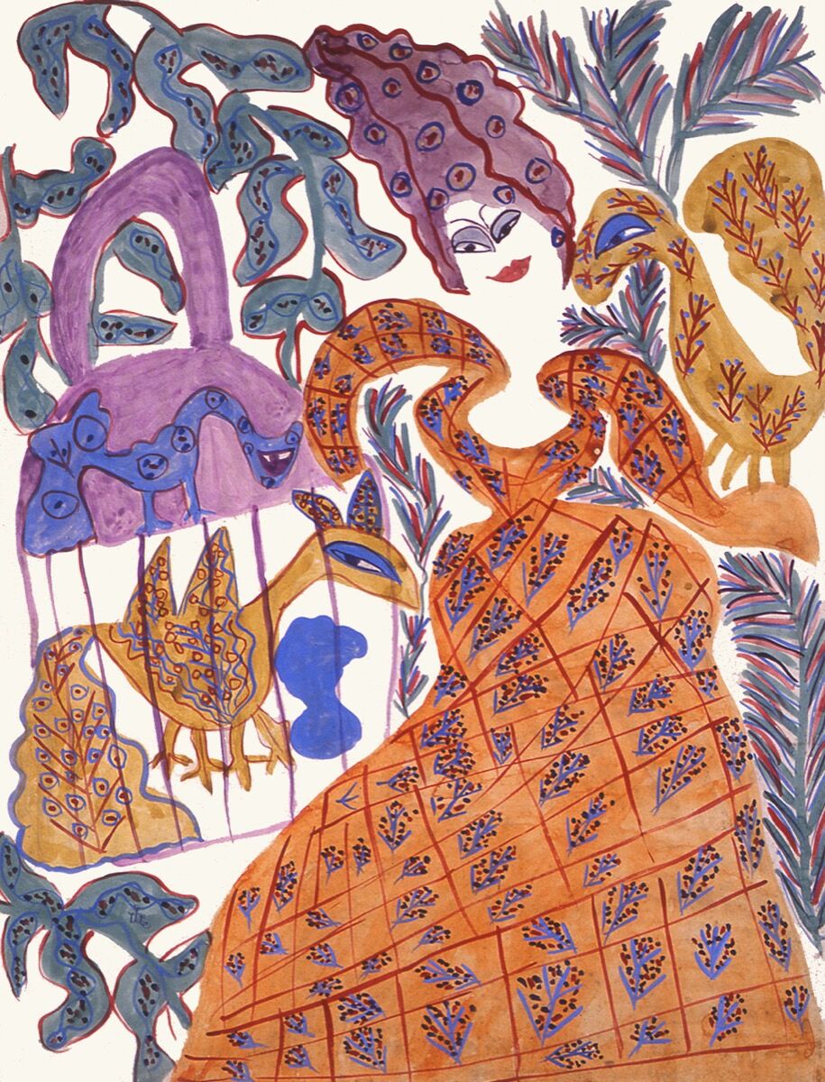 Baya, Femme et oiseau en cage (Woman with a caged bird), 1947. Photo © Galerie Maeght, Paris. Courtesy of Grey Art Gallery.