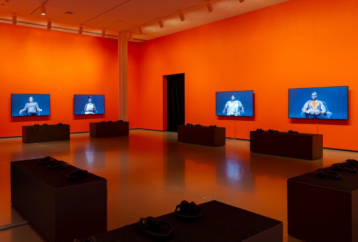 Installation view of “Candice Breitz: Too Long, Didn’t Read” at The Baltimore Museum of Art, March 2020. Photo by Mitro Hood. Courtesy of The Baltimore Museum of Art.