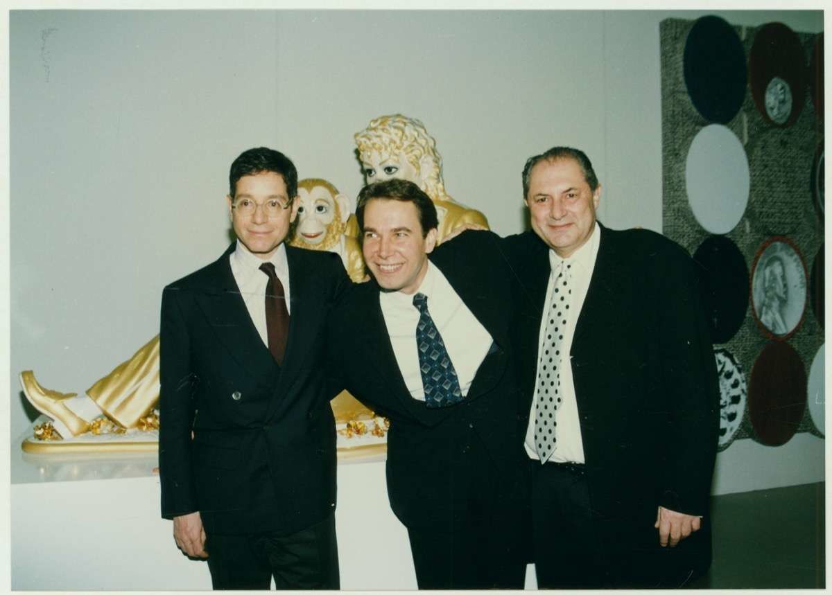 Jeffrey Deitch, Jeff Koons, and Dakis Joannou at the opening of the exhibition “Everything That’s Interesting Is New,” The Dakis Joannou Collection, The Factory, Athens School of Fine Arts, Athens, 1996.