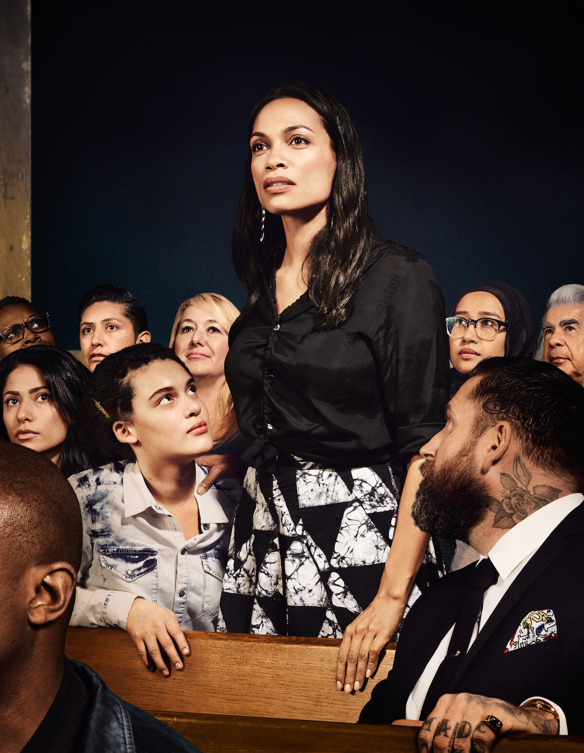 Interpretation of Norman Rockwell’s Freedom of Speech by For Freedoms, featuring actor and activist Rosario Dawson (standing). Courtesy For Freedoms.