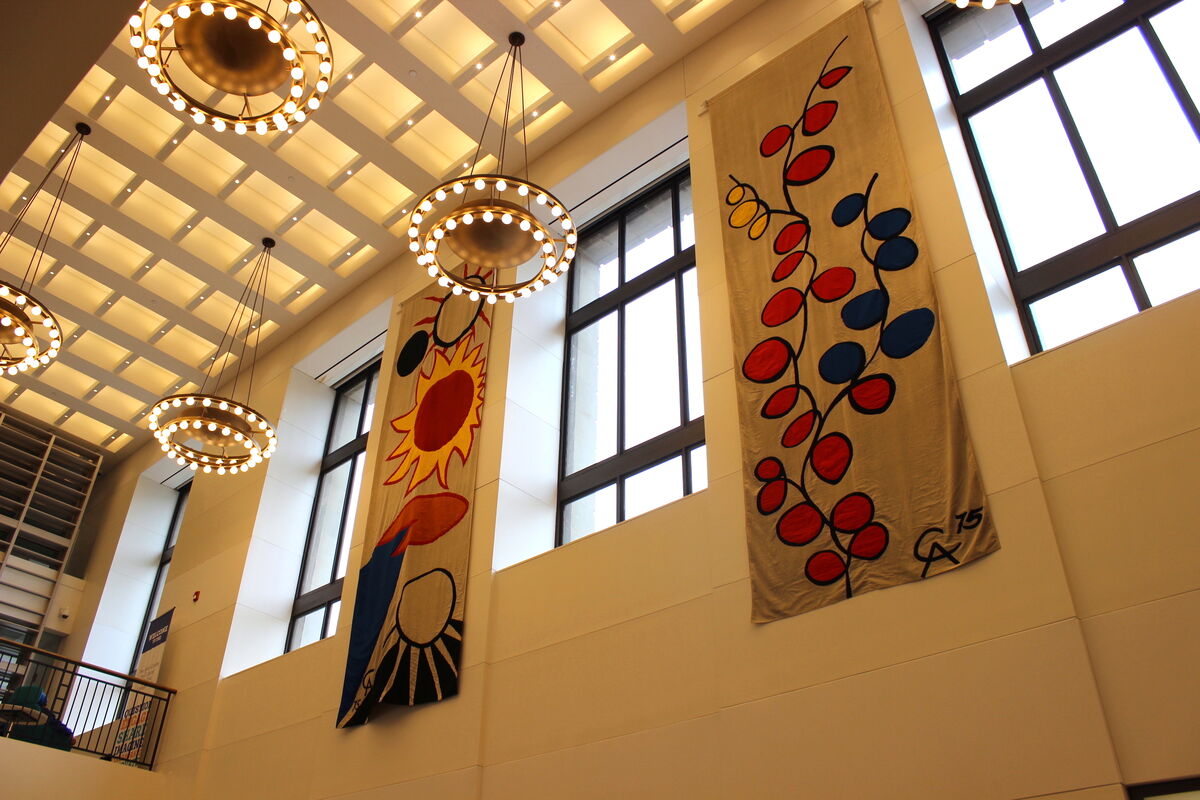 The Bicentennial Banners designed by Alexander Calder and executed by Sheila Hicks, back on view at the Free Library of Philadelphia. Courtesy of the Free Library of Philadelphia.