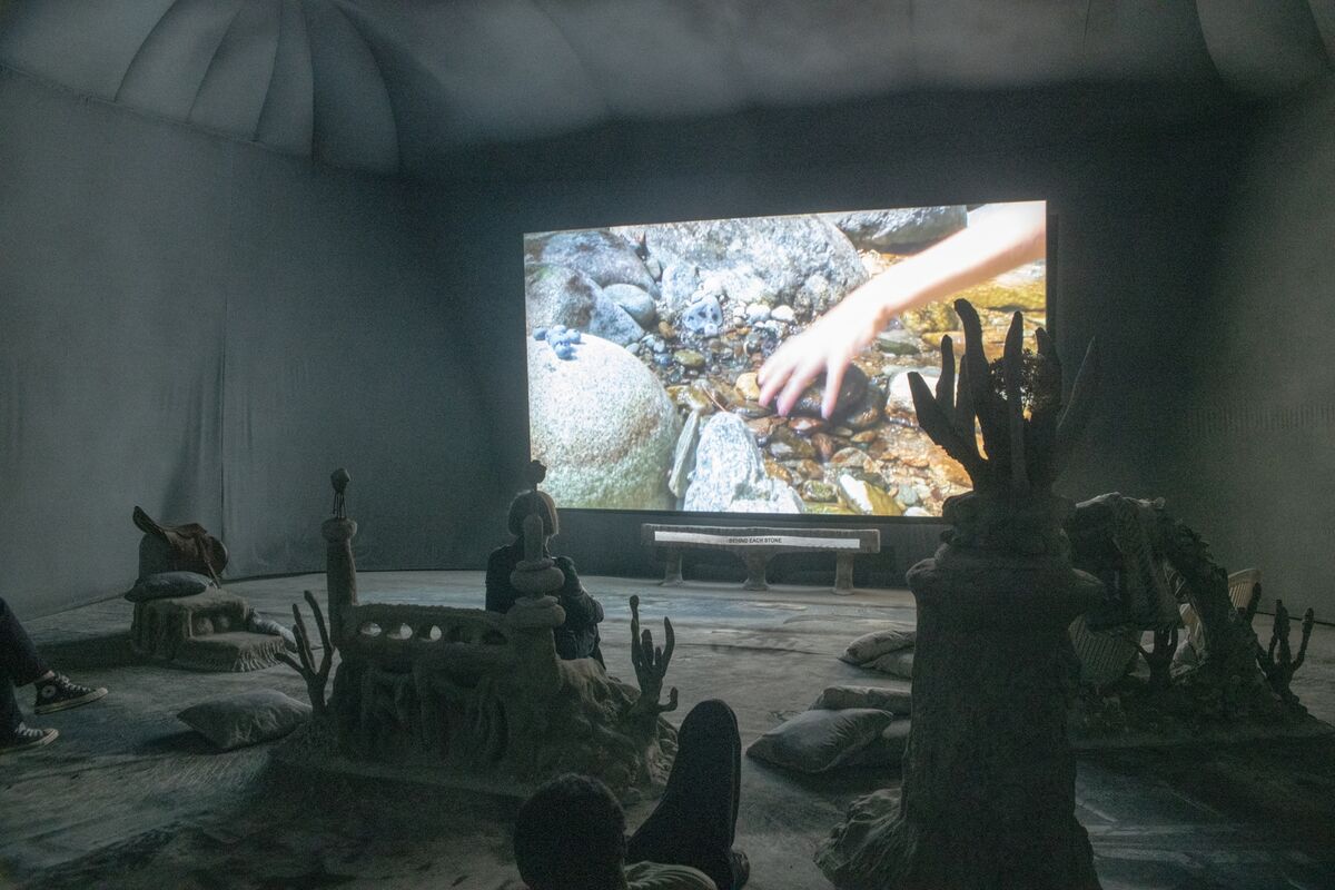 Installation view of Laure Prouvost, “Deep See Blue Surrounding You/Vois Ce Bleu Profond Te Fondre,” for the France Pavilion at the 58th Venice Biennale, 2019. Courtesy of Institut français.