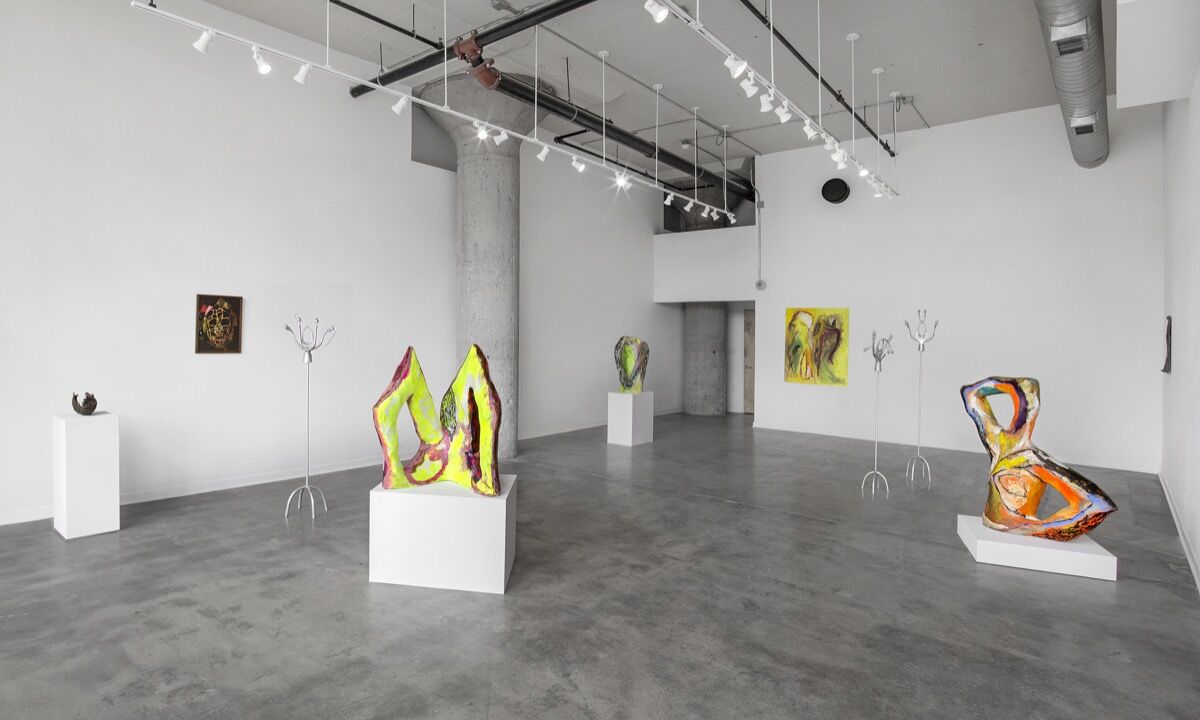 Installation view of work by Karen Azoulay, Bianca Beck, and Kyle Lockwood for “Root of the Head” at Simone DeSousa Gallery, 2018. Courtesy of Simone DeSousa Gallery.