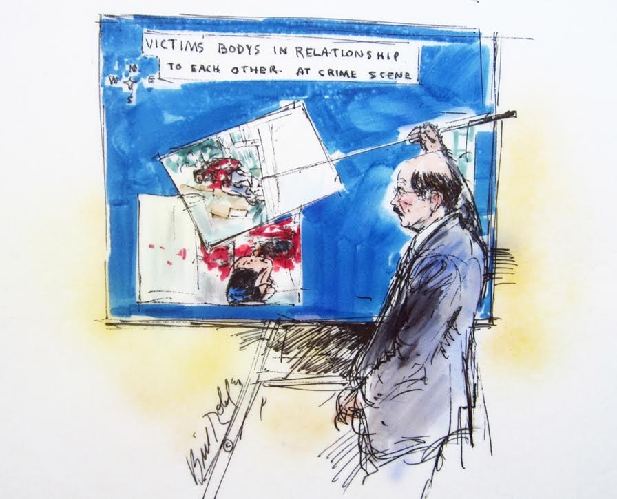 Illustration of detective Tom Lang Testifying in the O. J. Simpson civil trial by Bill Robles.