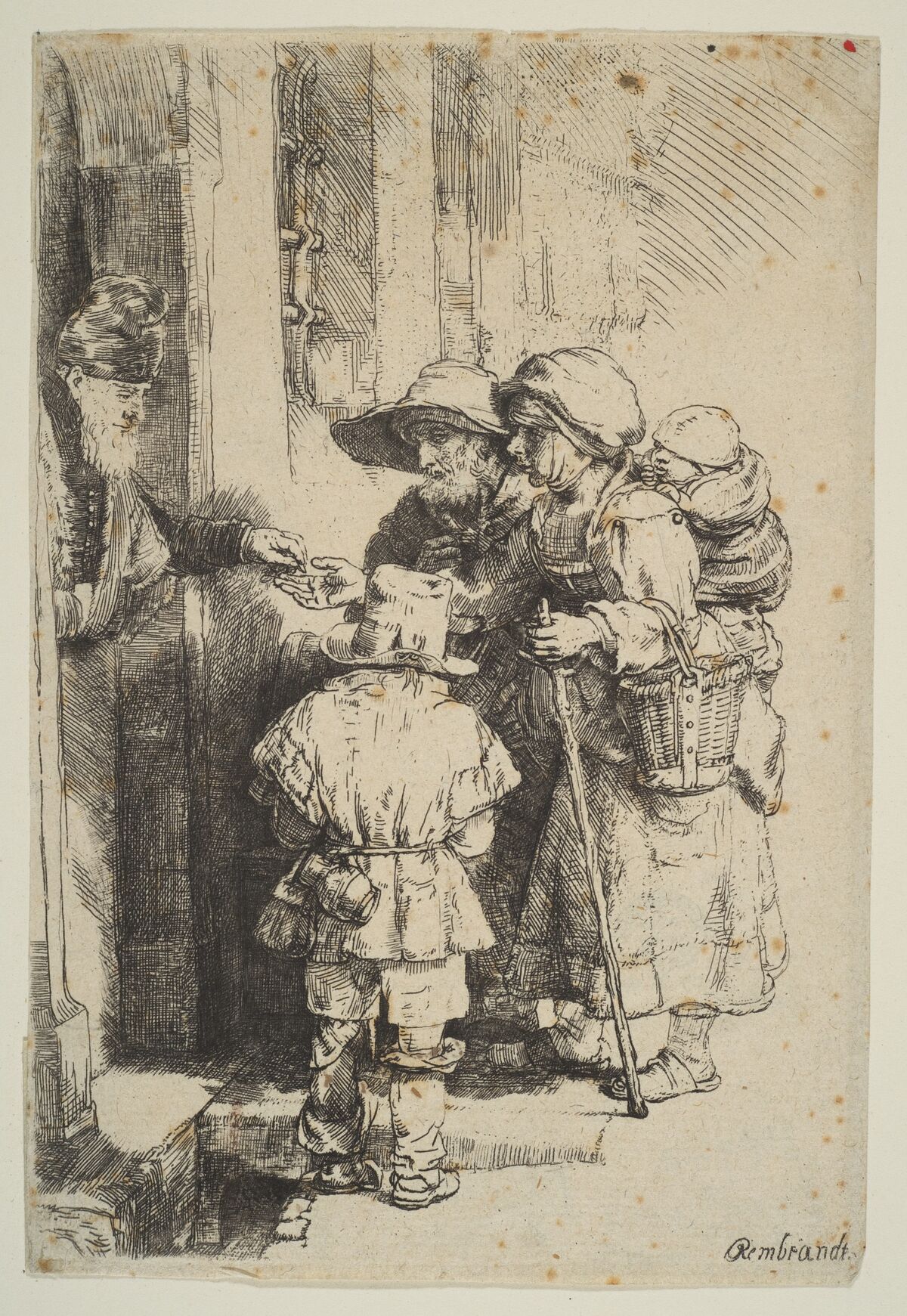 Rembrandt van Rijn, Beggars Receiving Alms at the Door of a House, 1648. Photo via The Metropolitan Museum of Modern Art. 