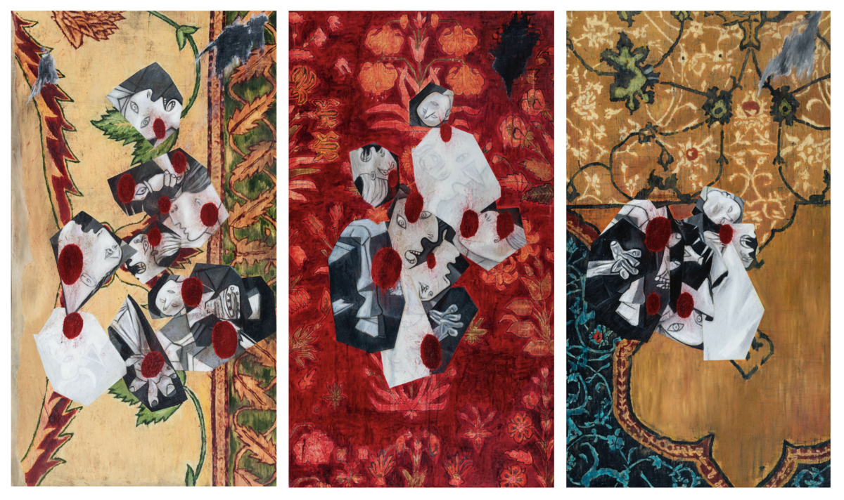 Atul Dodiya, Guernica Bouquet I, II & III, 2019-20. Courtesy of Vadehra Art Gallery.