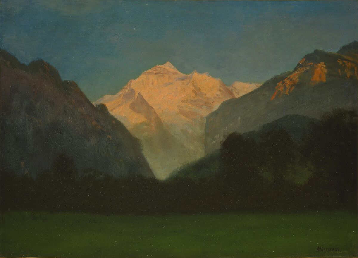 Albert Bierstadt, Vista del Parque Glacier o Puesta del sol en el pico, fecha desconocida.  Imagen a través de Wikimedia Commons.