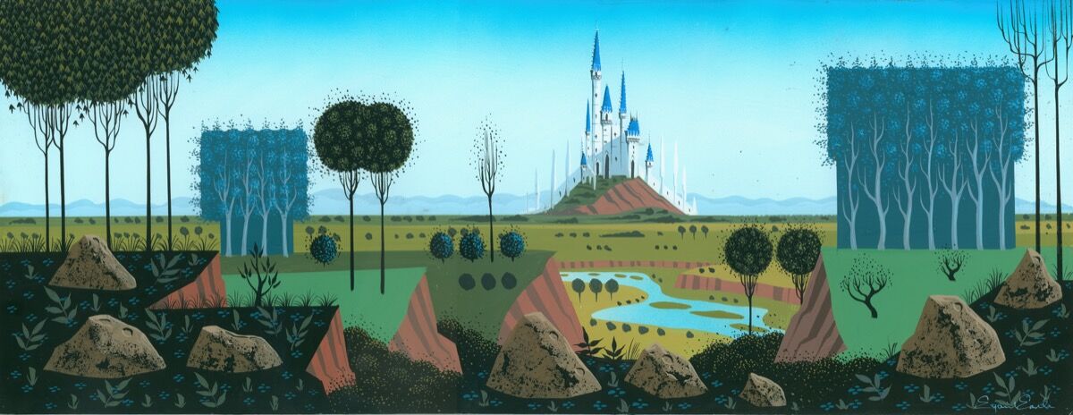 Eyvind Earle, Concept painting, c. 1950, Sleeping Beauty, 1959. Collection of the Walt Disney Family Foundation. © Disney. Courtesy of the Walt Disney Family Museum.