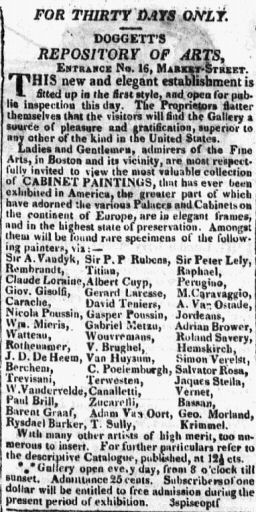 Advertisement for exhibition of European masters at John Doggett’s Boston gallery, 1821. Image via Wikimedia Commons.