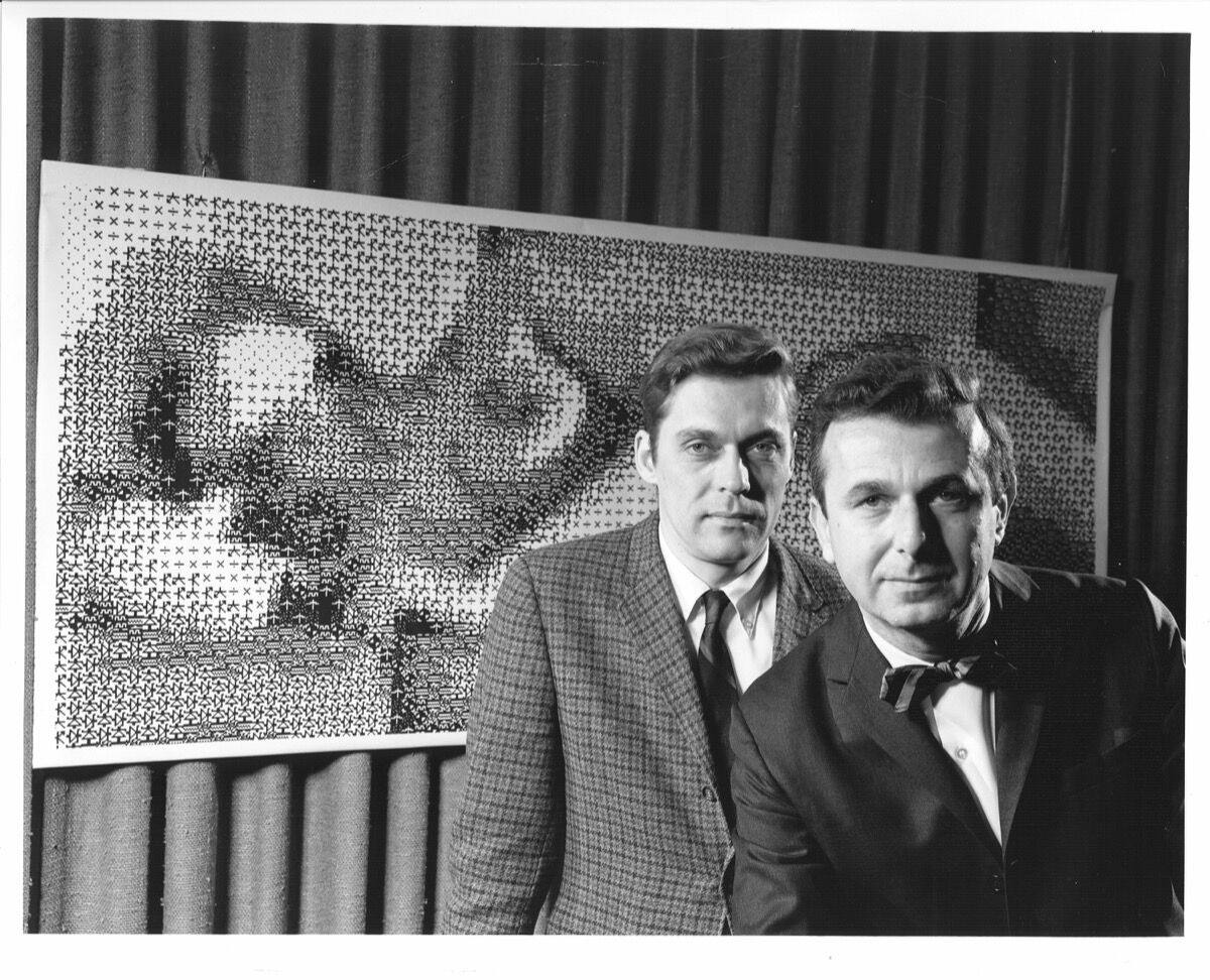 Left to right: Bell Labs’ scientists Ken Knowlton and Leon Harmon with their work, Computer Nude (Studies in Perception I), 1967, a pointillistic, computer-generated art picture they created, 1969. Courtesy of Nokia Bell Labs. 