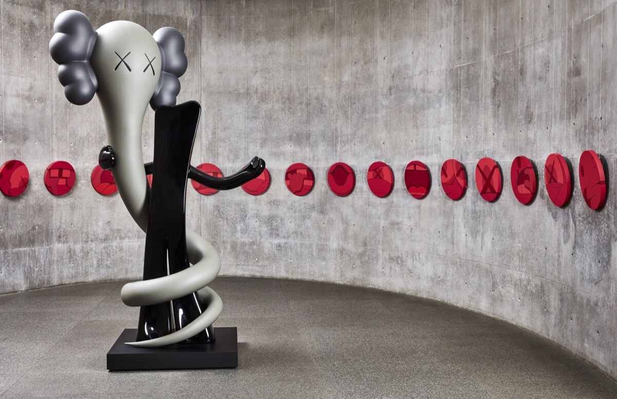 Installation view of KAWS, BORN TO BLEND, 2013, and BLUSH, 2012, at the Modern Museum of Fort Worth, 2016. Photo by Matt Hawthorne. Courtesy of the artist.