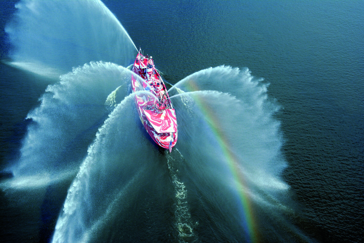 Tauba Auerbach, Flow Separation, 2018, on Fireboat John J. Harvey in New York Harbor, 2018–19. Photo by Nicholas Knight. Courtesy of Public Art Fund, New York; and Paula Cooper Gallery, New York.