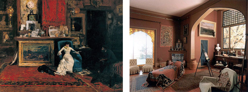 Left: William Merritt Chase, The Tenth Street Studio (1880). Image via Wikimedia Commons; Right: Interior view of Olana. Photo by Mary Alice, via Flickr.