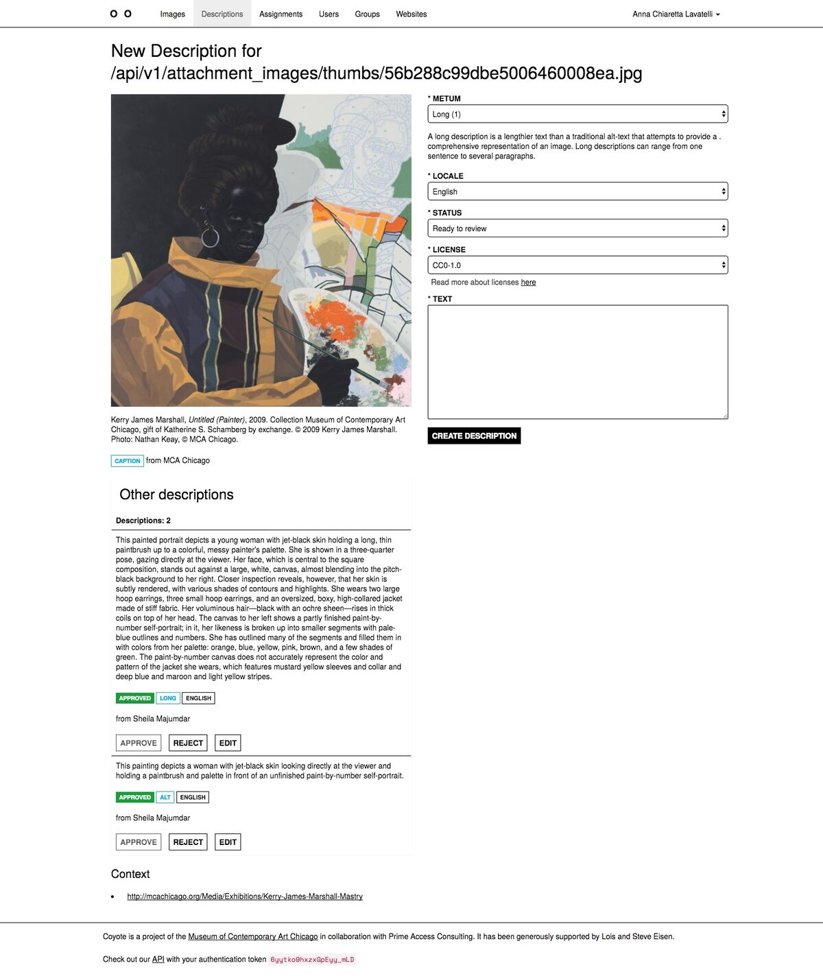 Long and short description of Kerry James Marshall’s Untitled (Painter), 2009 in the MCA’s image description software, Coyote. © MCA Chicago.