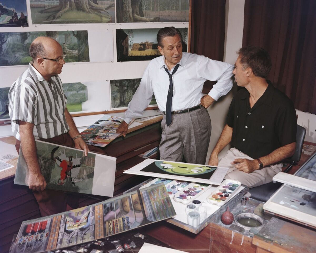 Layout artist McLaren Stewart, Walt Disney, and Eyvind Earle at The Walt Disney Studios during production for Sleeping Beauty, c. 1959. Courtesy of Eyvind Earle Publishing, LLC.