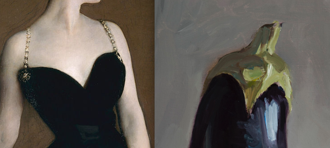 Detail of &quot;Madame X&quot; John Singer Sargent, 1883 (Metropolitan Museum of Art, New York) /// Detail of &quot;Madame Eggplant&quot; Maryann Lucas, 2017, (Grenning Gallery, Sag Harbor)