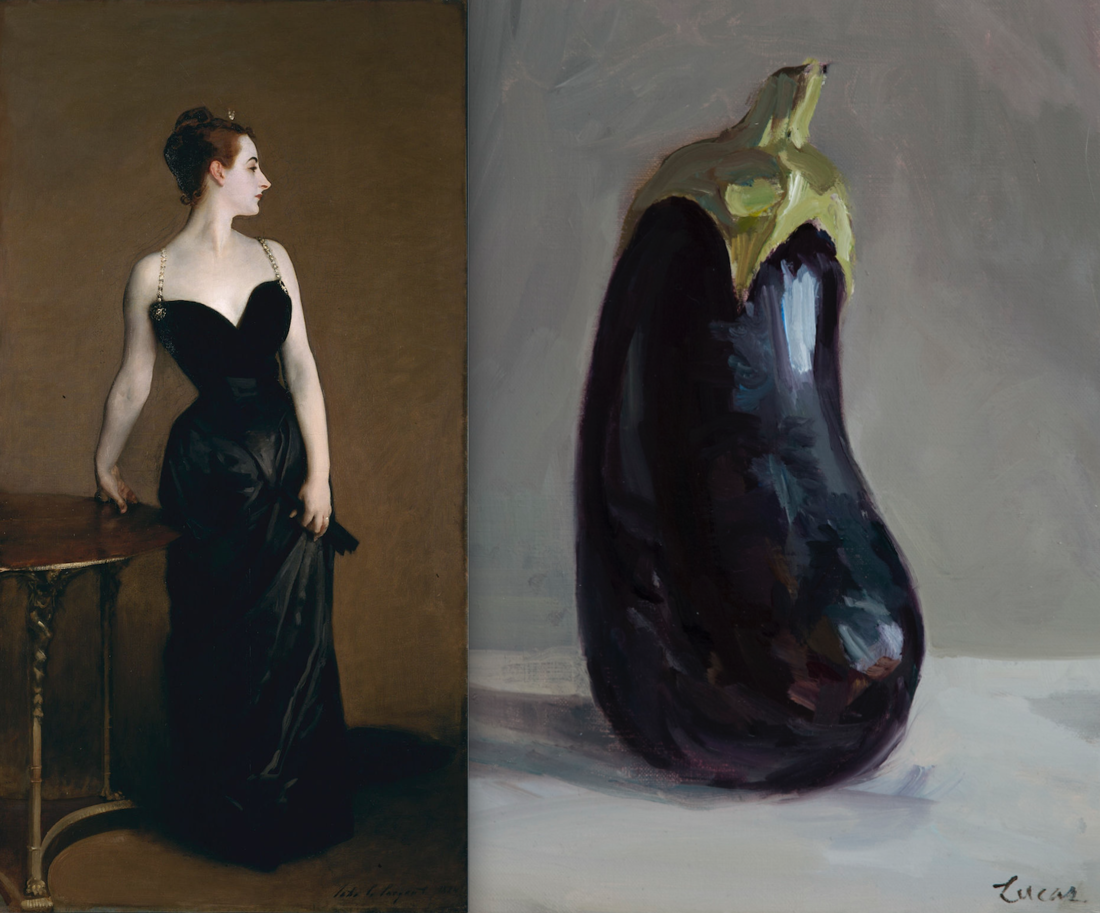 "Madame X" John Singer Sargent, 1883 (Metropolitan Museum of Art, New York) /// "Madame Eggplant" Maryann Lucas, 2017, (Grenning Gallery, Sag Harbor)
