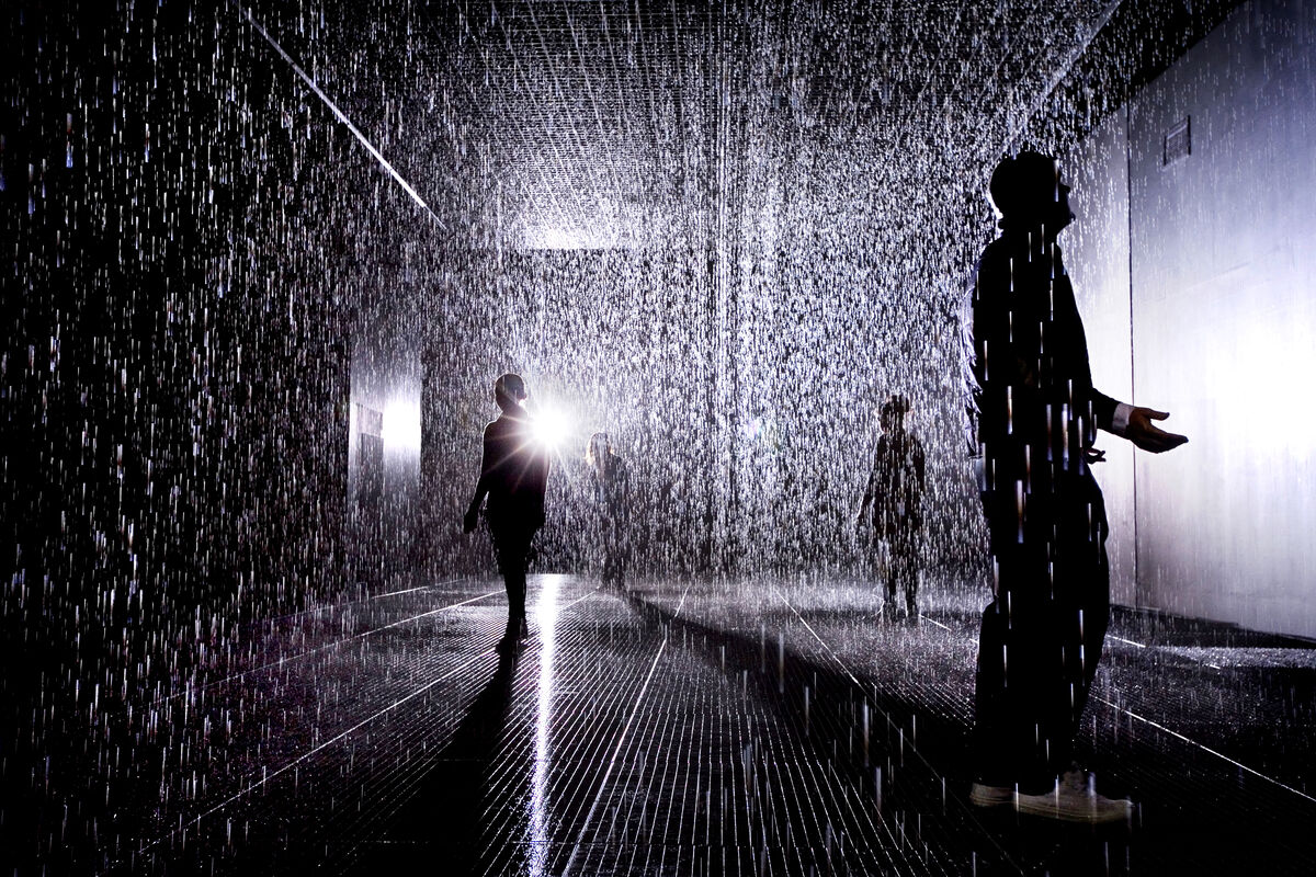 Installation view of Random International, Rain Room, 2012. © Felix Clay. Courtesy of  Barbican Art Gallery.