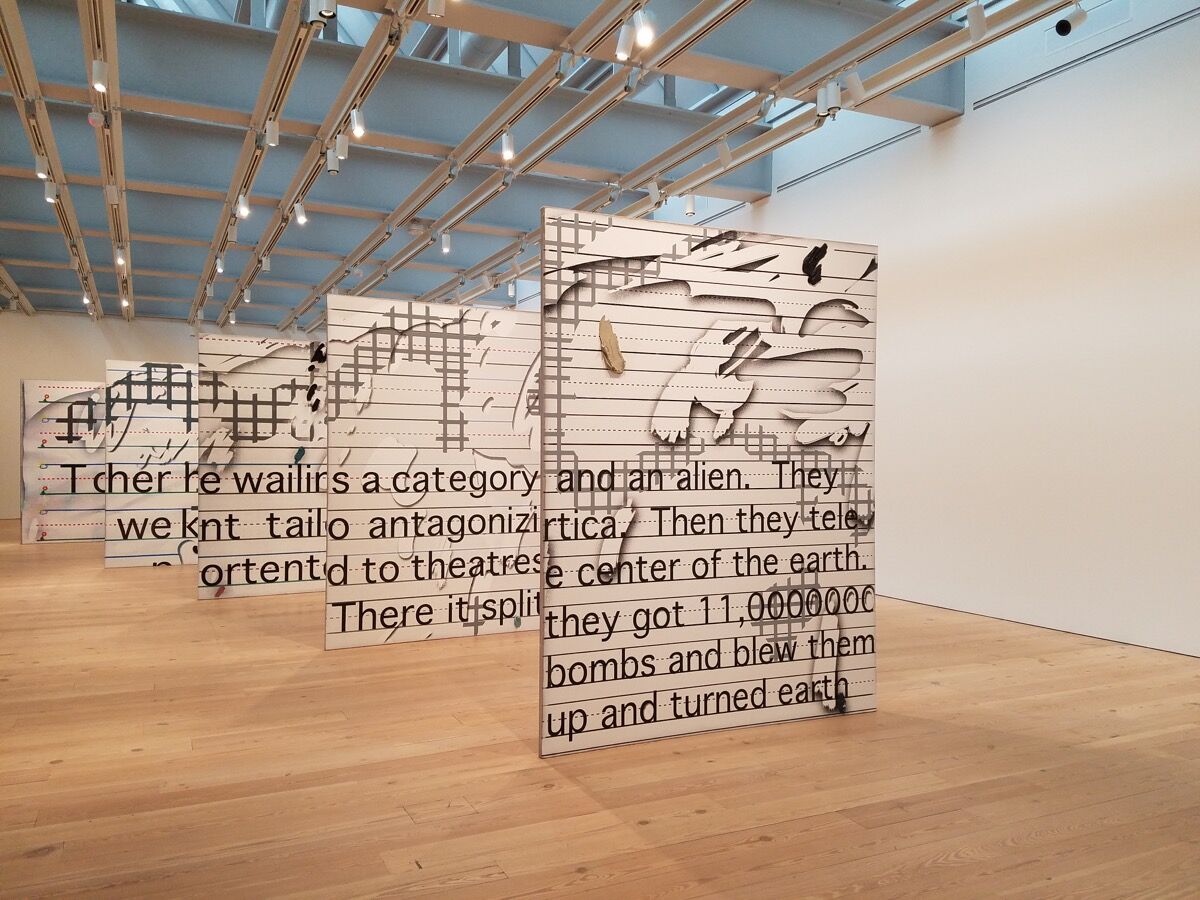 Installation view of Laura Owens, Untitled, 2015, at the Whitney Museum of American Art, 2017.