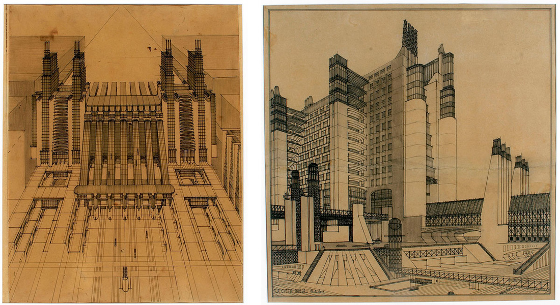 Left: Antonio Sant’Elia, Air and train station with funicular cableways on three road levels from La Città Nuova, 1914; Right: Antonio Sant’Elia, Housing with external lifts and connection systems to different street levels from La Città Nuova, 1914. Images via Wikimedia Commons.