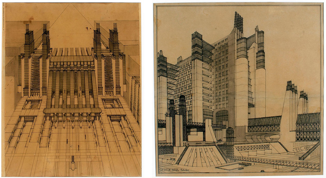 Left: Antonio Sant’Elia, Air and train station with funicular cableways on three road levels from&nbsp;La Città Nuova, 1914; Right: Antonio Sant’Elia,&nbsp;Housing with external lifts and connection systems to different street levels&nbsp;from&nbsp;La Città Nuova, 1914. Images via Wikimedia Commons.