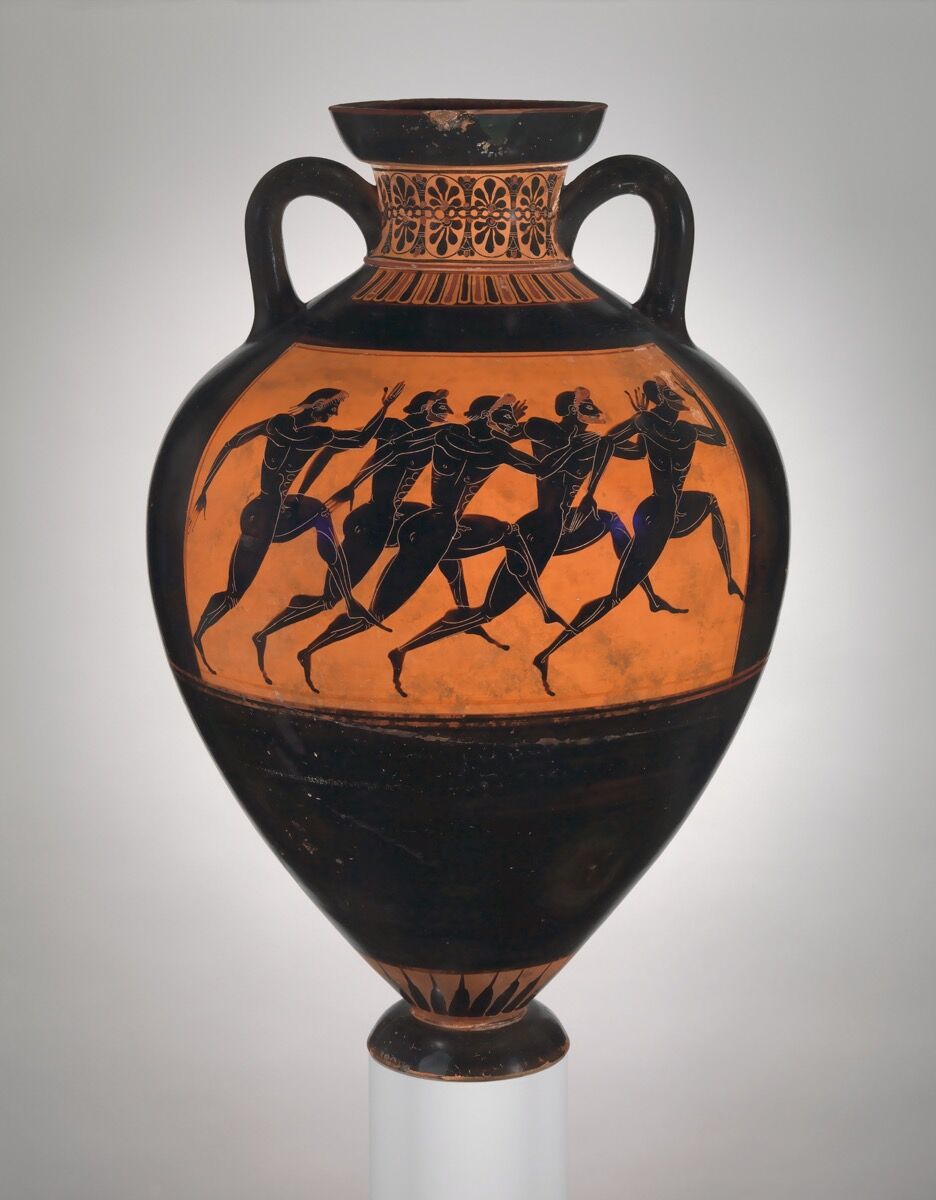 Terracotta Panathenaic prize amphora, attributed to the Eurhiletos Painter, ca. 530 B.C. Courtesy of The Metropolitan Museum of Art. 