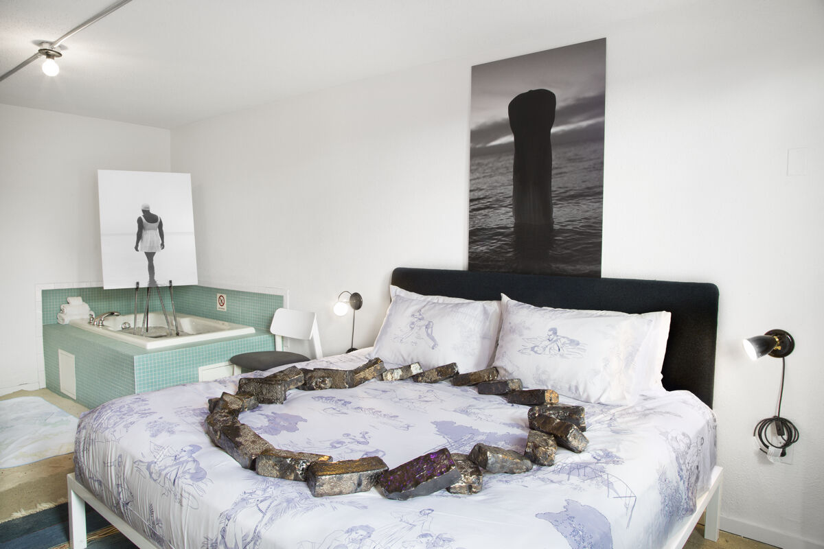 Installation view of Darryl DeAngelo Terrell, featuring Derrick Woods-Morrow, Box of 24, in  "YCNI V," at the Trumbell and Porter hotel. Photo by Paul-David Rearick. Courtesy of Detroit Art Week.