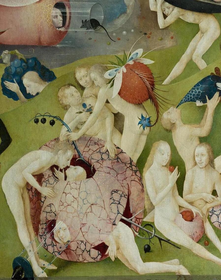 Detalle del panel central de Hieronymus Bosch, El jardín de las delicias, 1490-1500.  Imagen vía Wikimedia Commons.