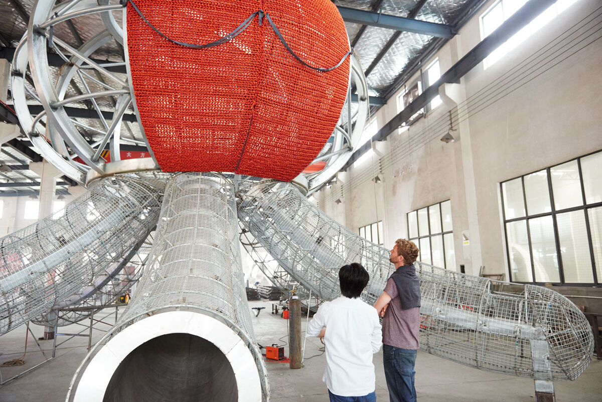 Florentijn Hofman visiting the UAP workshop in Shanghai, as his work, Kraken, was being made. Courtesy of UAP.