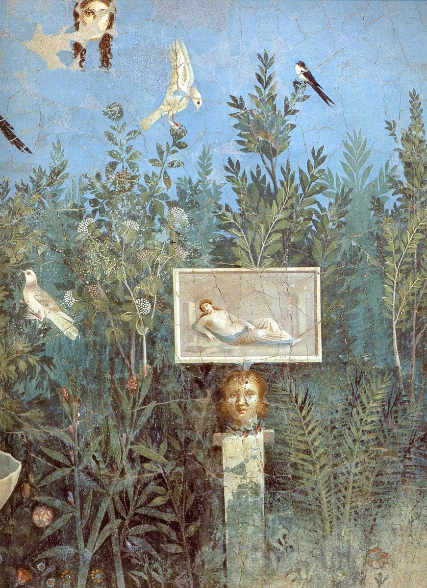 Fresco showing a garden scene from the House of the Golden Bracelet, Pompeii, midâ1st century C.E. Photo via Wikimedia Commons.