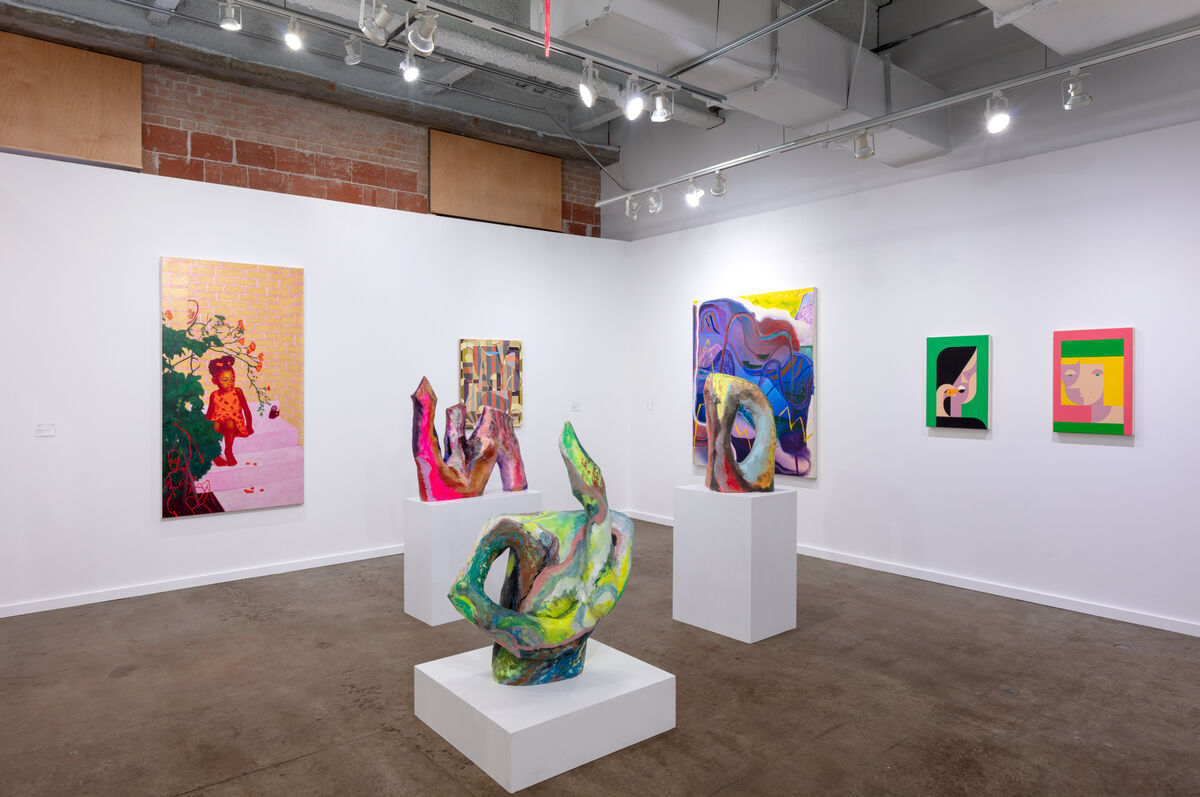 Installation view of Rachel Uffner Gallery’s booth at the Dallas Art Fair, 2019. Courtesy of the Dallas Art Fair.