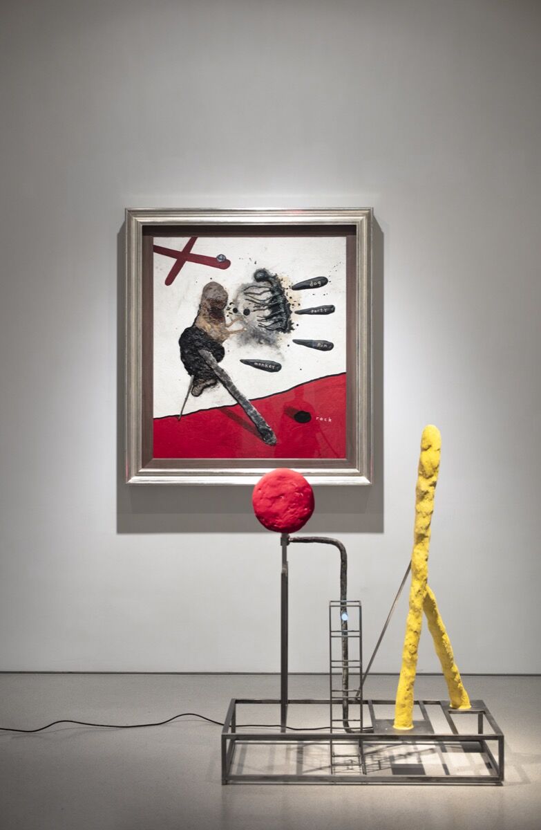 Installation view of David Lynch, Dialogue During a Picnic #2, 2019; Lamp, 2019, in “Squeaky Flies in the Mud,” at Sperone Westwater, 2019. Courtesy of Sperone Westwater, New York.