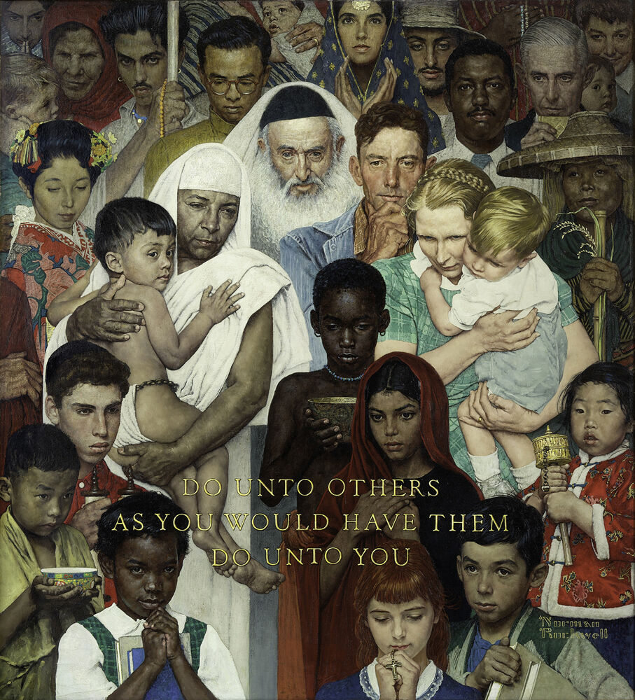 Norman Rockwell, Golden Rule, 1961. Cover illustration for The Saturday Evening Post, April 1, 1961. Â© SEPS: Curtis Licensing, Indianapolis, IN. Courtesy of the Norman Rockwell Museum and the New York Historical Society Museum &amp; Library.