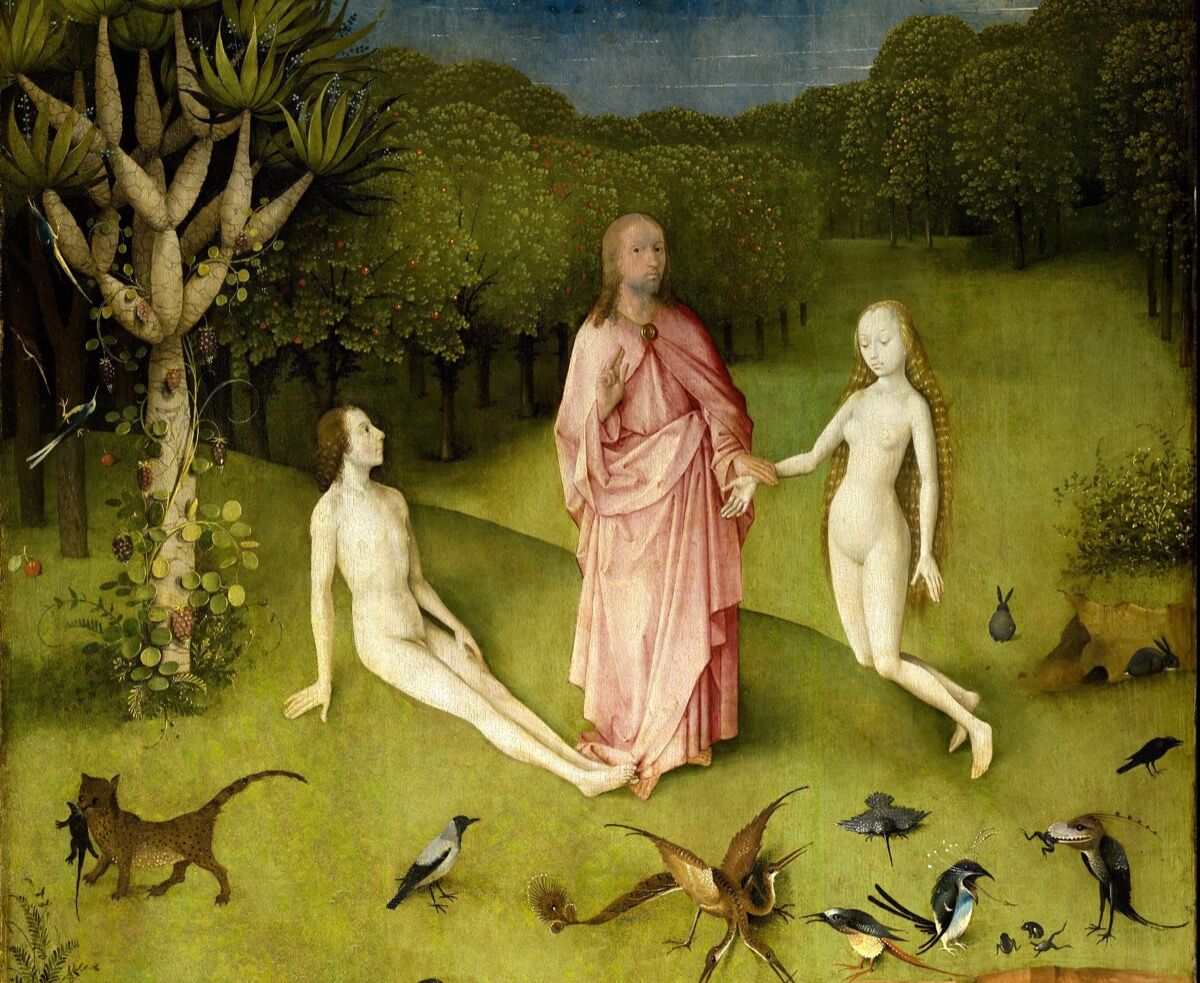 Detalle del panel izquierdo de Hieronymus Bosch, El jardín de las delicias, 1490-1500.  Imagen vía Wikimedia Commons.