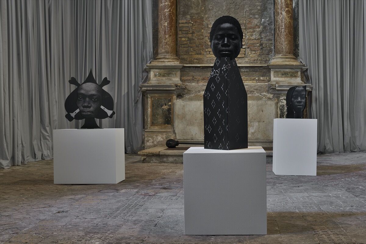 Frida Orupabo, installation view of “12 self portraits” at Sant’Andrea de Scaphis, 2020. Photo by Roberto Apa. Courtesy of the artist and Gavin Brown’s Enterprise, New York/Rome.