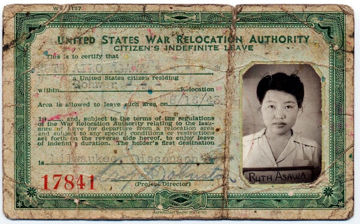 Ruth Asawa’s War Relocation Authority identification card, 1943. Courtesy of National Portrait Gallery, Smithsonian Institution.