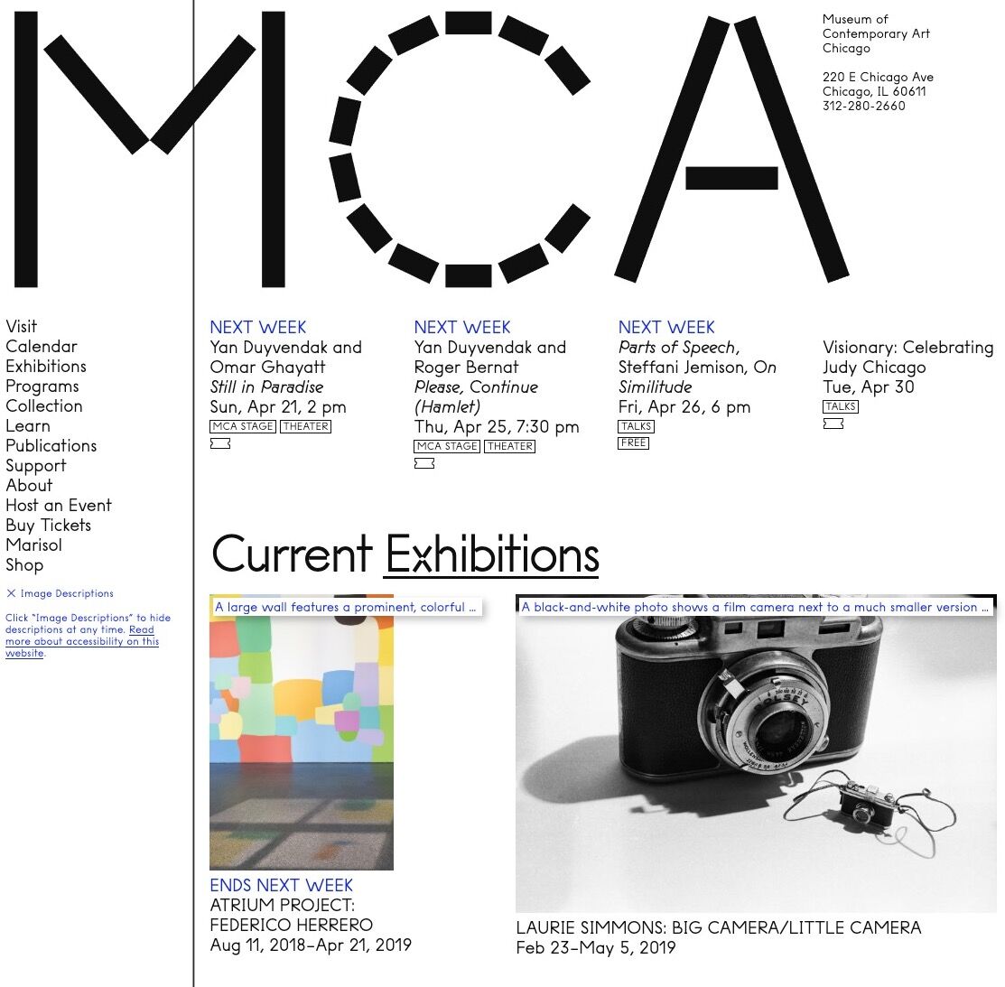 Details of the MCA's homepage showcasing Coyote image descriptions. © MCA Chicago.