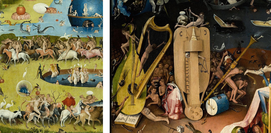 Detail views of Hieronyumus Bosch, Garden of Earthly Delights, ca. 1505-15. Collection of Museo del Prado, Madrid; image via Wikimedia Commons.