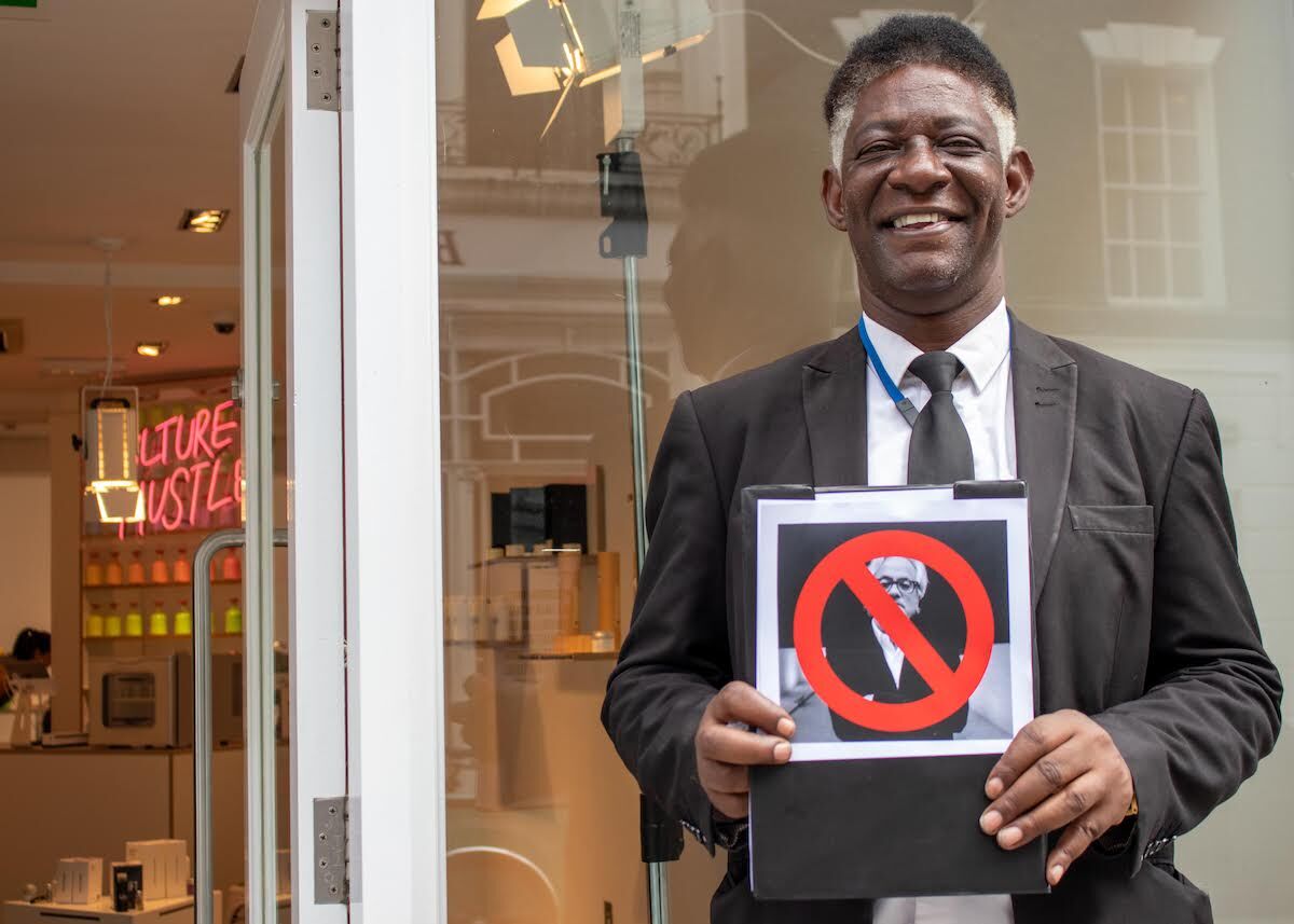 A security guard ensures Anish Kapoor does not visit Stuart Sempleâs ArtShop. Photo courtesy ArtShop.