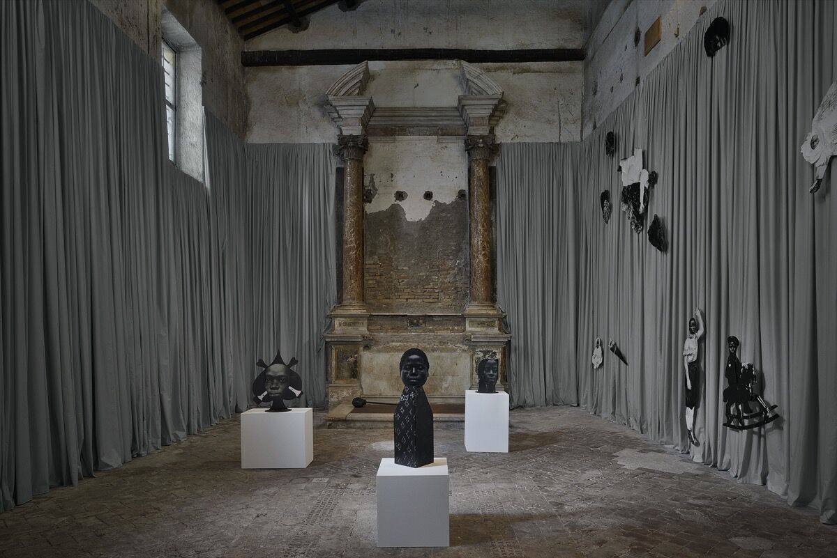 Frida Orupabo, installation view of “12 self portraits” at Sant’Andrea de Scaphis, Rome, 2020. Photo by Roberto Apa. Courtesy of the artist and Gavin Brown’s Enterprise, New York/Rome.