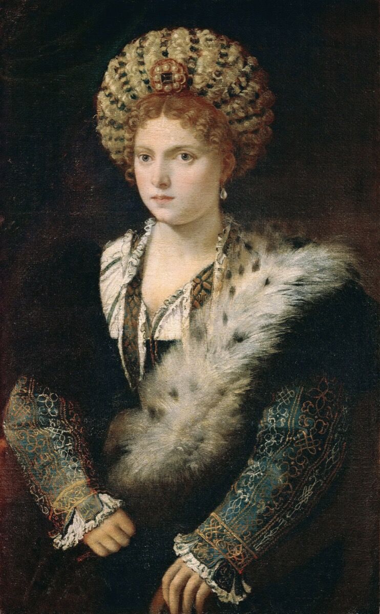 Titian, Portrait of Isabella d&#x27;Este, c. 1534-1536. Image via Wikimedia Commons.