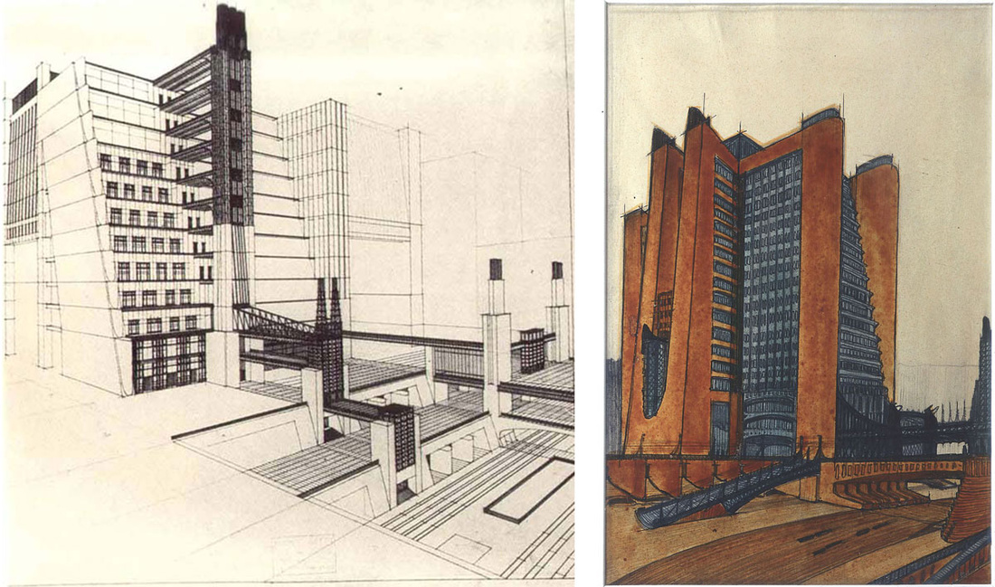 Left: Antonio Sant’Elia, Casa a gradinata con ascensori dai quattro piani stradali, 1914; Right: Antonio Sant’Elia, Casa a gradinata, 1914. Images via Wikimedia Commons.