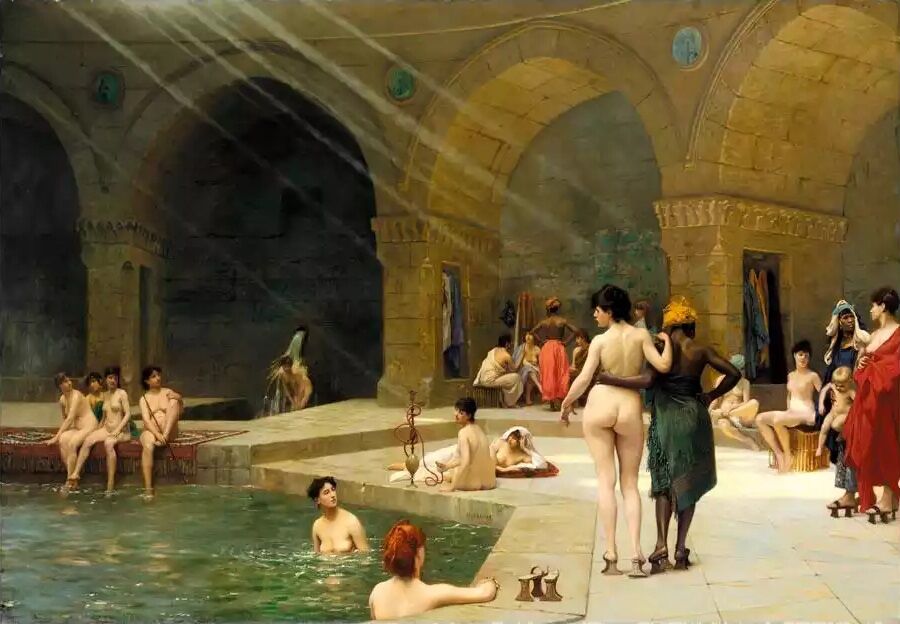 Jean-Léon Gérôme, El gran baño de Bursa, 1885. Via Wikimedia Commons.
